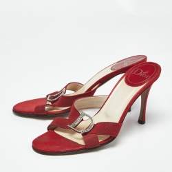 Pre Owned Dior Red Canvas D Crystal Embellished Detail Open Toe Sandals Size 38.5