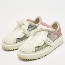 Pre Owned Dior White/Beige Leather and Rubber Dior ID Lace Up Sneakers Size 37.5