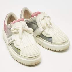 Pre Owned Dior White/Beige Leather and Rubber Dior ID Lace Up Sneakers Size 37.5