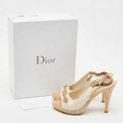Pre Owned Dior White/Gold Oblique Canvas Platform Slingback Sandals Size 38.5