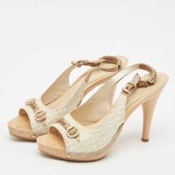 Pre Owned Dior White/Gold Oblique Canvas Platform Slingback Sandals Size 38.5
