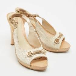 Pre Owned Dior White/Gold Oblique Canvas Platform Slingback Sandals Size 38.5