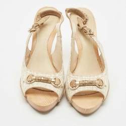 Pre Owned Dior White/Gold Oblique Canvas Platform Slingback Sandals Size 38.5