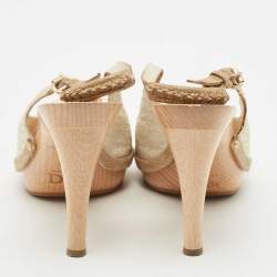 Pre Owned Dior White/Gold Oblique Canvas Platform Slingback Sandals Size 38.5