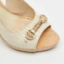 Pre Owned Dior White/Gold Oblique Canvas Platform Slingback Sandals Size 38.5