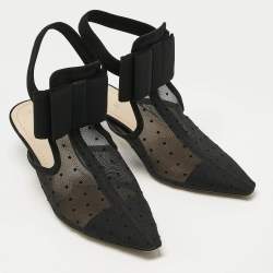 Pre Owned Dior Black Mesh And Suede Trim Polka Dot Bow Pointed Toe Ankle Strap Mules Size 41