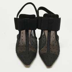 Pre Owned Dior Black Mesh And Suede Trim Polka Dot Bow Pointed Toe Ankle Strap Mules Size 41