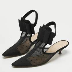 Pre Owned Dior Black Mesh And Suede Trim Polka Dot Bow Pointed Toe Ankle Strap Mules Size 41