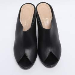 Pre Owned Dior Black Leather Wedge Peep Toe Mules Size 38