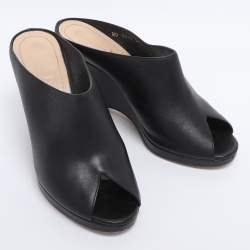 Pre Owned Dior Black Leather Wedge Peep Toe Mules Size 38