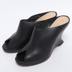 Pre Owned Dior Black Leather Wedge Peep Toe Mules Size 38