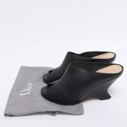 Pre Owned Dior Black Leather Wedge Peep Toe Mules Size 38
