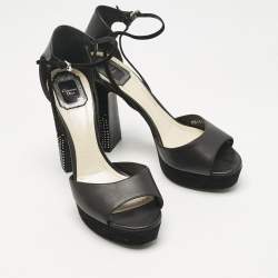 Pre Owned Dior Black Leather and Suede Rainbow Stellar Ankle Strap Sandals Size 39.5