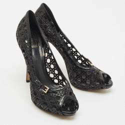 Pre Owned Dior Black Cannage Patent Leather Miss Dior Cut Out Peep Toe Platform Pumps Size 41