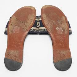 Pre Owned Dior Navy Blue Embroidered Canvas Dway Flat Slides Size 37