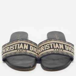 Pre Owned Dior Navy Blue Embroidered Canvas Dway Flat Slides Size 37