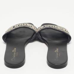 Pre Owned Dior Navy Blue Embroidered Canvas Dway Flat Slides Size 37
