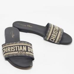 Pre Owned Dior Navy Blue Embroidered Canvas Dway Flat Slides Size 37