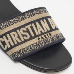 Pre Owned Dior Navy Blue Embroidered Canvas Dway Flat Slides Size 37