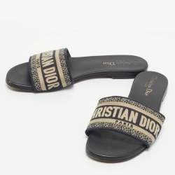 Pre Owned Dior Navy Blue Embroidered Canvas Dway Flat Slides Size 37