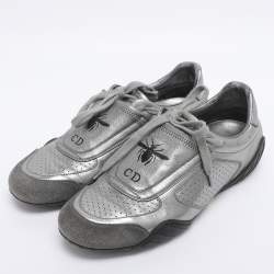 Pre Owned Dior Metallic Grey Leather and Suede D-Fence Sneakers Size 35.5