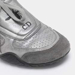 Pre Owned Dior Metallic Grey Leather and Suede D-Fence Sneakers Size 35.5