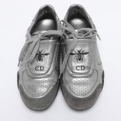 Pre Owned Dior Metallic Grey Leather and Suede D-Fence Sneakers Size 35.5