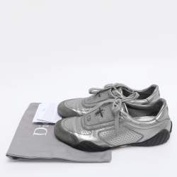 Pre Owned Dior Metallic Grey Leather and Suede D-Fence Sneakers Size 35.5