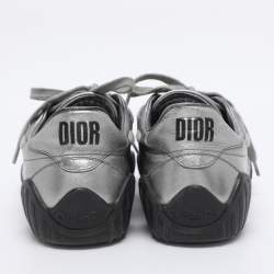 Pre Owned Dior Metallic Grey Leather and Suede D-Fence Sneakers Size 35.5