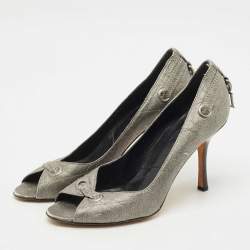 Pre Owned Dior Metallic Grey Cannage Leather Peep Toe Pumps Size 37