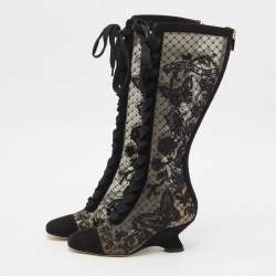 Pre Owned Dior Black Embroidered Mesh and Suede Naughtily-D Knee Length Boots Size 35