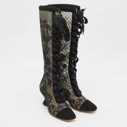 Pre Owned Dior Black Embroidered Mesh and Suede Naughtily-D Knee Length Boots Size 35