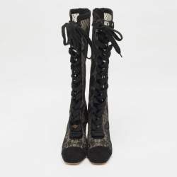 Pre Owned Dior Black Embroidered Mesh and Suede Naughtily-D Knee Length Boots Size 35