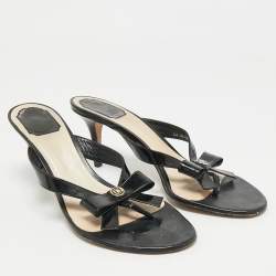 Pre Owned Christian Dior Black Patent Logo Bow Slides Size 41