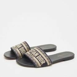 Pre Owned Dior White/Navy Blue Canvas Dway Flat Sandals Size 38.5