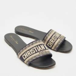 Pre Owned Dior White/Navy Blue Canvas Dway Flat Sandals Size 38.5