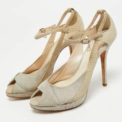 Pre Owned Dior Cream/Grey Suede and Python Leather Miss Dior Peep Toe Pumps Size 36