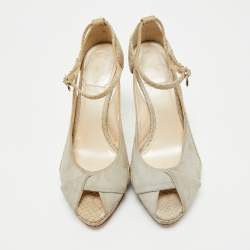 Pre Owned Dior Cream/Grey Suede and Python Leather Miss Dior Peep Toe Pumps Size 36