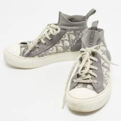 Pre Owned Dior Grey/White Knit Fabric And Leather Walk'n'Dior High-Top Sneakers Size 36