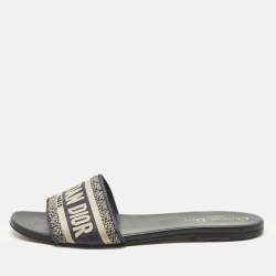 Pre Owned Dior Navy Blue Embroidered Canvas Dway Flat Slide Sandals Size 39