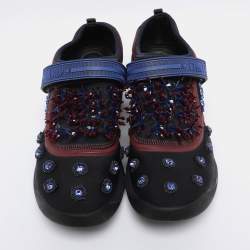Pre Owned Dior Blue Fabric Embellished Fusion Sneakers Size 38.5