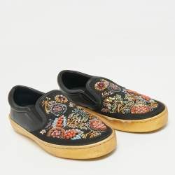 Pre Owned Dior Black/Gold Leather And Satin Floral Embellished Slip On Sneaker Size 36.5