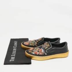 Pre Owned Dior Black/Gold Leather And Satin Floral Embellished Slip On Sneaker Size 36.5