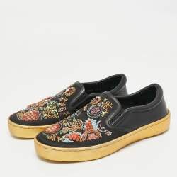 Pre Owned Dior Black/Gold Leather And Satin Floral Embellished Slip On Sneaker Size 36.5