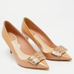 Pre Owned Dior Beige Cannage Patent Leather Buckle Embellished Pointed Toe Pumps Size 38.5