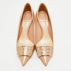 Pre Owned Dior Beige Cannage Patent Leather Buckle Embellished Pointed Toe Pumps Size 38.5