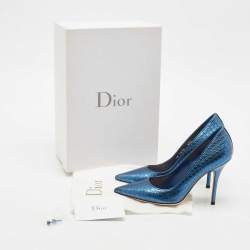 Pre Owned Dior Metallic Blue Microcannage Patent Leather Cherie Pointed Toe Pumps Size 36.5