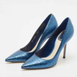 Pre Owned Dior Metallic Blue Microcannage Patent Leather Cherie Pointed Toe Pumps Size 36.5