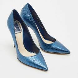 Pre Owned Dior Metallic Blue Microcannage Patent Leather Cherie Pointed Toe Pumps Size 36.5