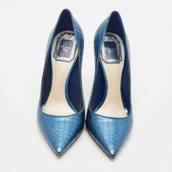 Pre Owned Dior Metallic Blue Microcannage Patent Leather Cherie Pointed Toe Pumps Size 36.5
